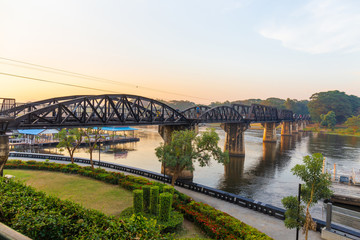 Fototapeta na wymiar Landscape of Bridge River Kwai at Kanchanaburi, Thailand in morning time. Is a famous place and a tourist destination