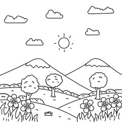 Landscape vector illustration in line art style suitable for kids coloring page 