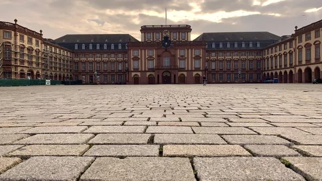Mannheim, Baden-Wurttemberg/ Germany - March 17 2020:  Time lapse of the closed Mannheim university due to the corona virus on a sunny evening  30fps
