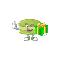 Cheerful coconut macarons cartoon character holding a gift box