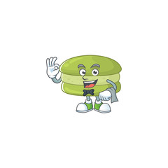 A character of coconut macarons waiter working in the restaurant