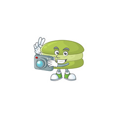 Coconut macarons mascot design as a professional photographer with a camera