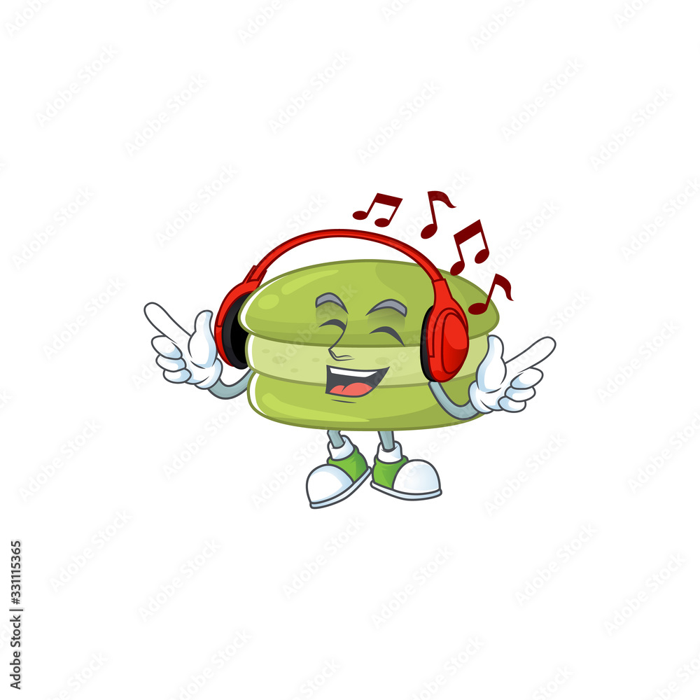 Poster cartoon mascot design of coconut macarons enjoying music