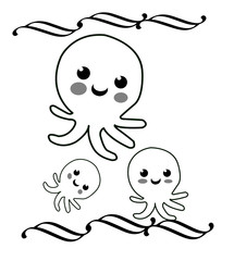 outline drawing of cute octopus on white background,