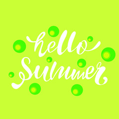 Hello Summer lettering for logo, typography badge icon. Summer season for greeting card, invitation template. Retro vintage lettering banner template poster template blurred sea beach background.