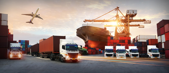 Logistics and transportation of Container Cargo ship and Cargo plane with working crane bridge in...