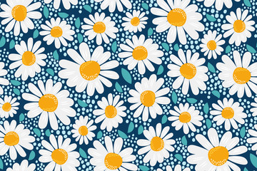 Vector seamless pattern. Creative floral print with chamomile flowers, leaves in a hand-drawn style on a dark blue-turquoise background. Perefct spring/summer template for fashion design, textiles... - 331116543