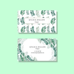 Eucalypus Emerald Pattern White background Vector Watercolor Bussiness Card Template Set