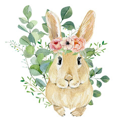 Watercolor bunny in floral bouquet for kids. Hand drawn childish clipart animal forest, silver dollars, green plants and flowers. Watercolor painting funny bunny. Baby cute animal rabbit.