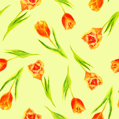 watercolor tulips on a yellow background, seamless floral pattern in joyful colors.