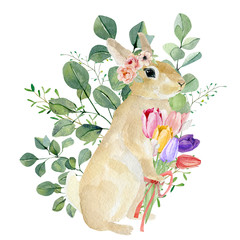 Watercolor bunny in floral bouquet. Hand drawn childish clipart animal forest, silver dollars, green plants and flowers. Watercolor painting funny bunny for kids. Baby cute animal rabbit. - 331117113