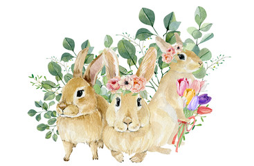 Watercolor bunny set in floral bouquet. Hand drawn childish clipart animal forest, silver dollars, green plants and flowers. Watercolor painting funny bunny for kids. Baby cute animal rabbit. - 331117118