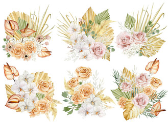 Watercolor modern flowers and wilflorals bouquet set. Branches, rose, pampas graas. Tropical bohemian illustration in trendy boho style for wedding invintation, poster, banner. Summer background.
