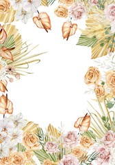 Watercolor tropical floral and flowers frame. Luxure leaves, the dried flowers,branches, rose, pampas graas and wildfloral for invitations, cards, save the date, wedding, anniversary, birthday, party