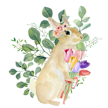 Watercolor bunny in floral bouquet. Hand drawn childish clipart animal forest, silver dollars, green plants and flowers. Watercolor painting funny bunny for kids. Baby cute animal rabbit.