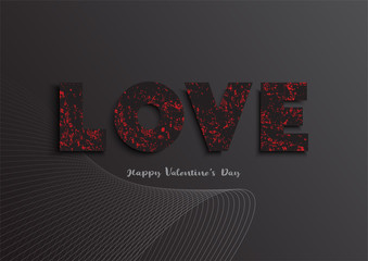 Valentine's day holiday background. Black word love with red pattern. Decorative elements for holiday design. Vector illustration.