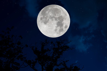 Full moon on blue sky at night.