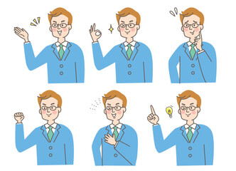 スーツ　メガネ　若い男性　表情　セット