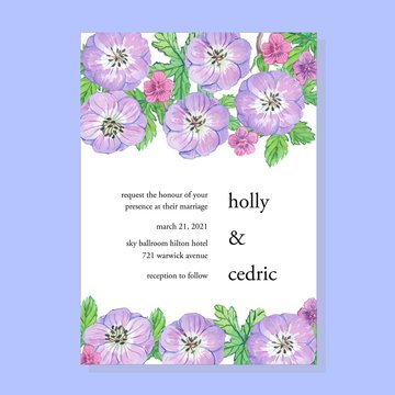 Purple Peonies Vector Watercolor Wdding Invitation Card Template