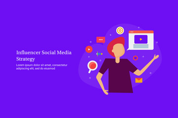 Influencer social media marketing strategy, content promotion for audience engagement, influencer marketing, internet and technology concept. Flat design web banner template with text.