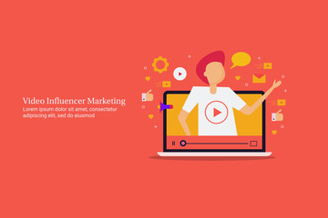 Video influencer marketing on social media, businessman engaging with customer with video content. Flat design web banner design template with text.