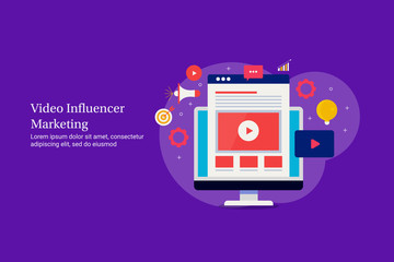 Influencer marketing - video content promotion - social media video for audience engagement, internet and technology concept. Flat design web banner template.