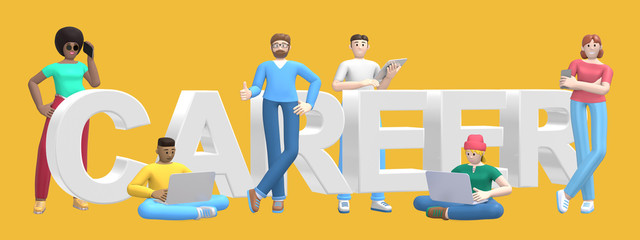 Group of young multiethnic successful people with laptop, tablet, phone and word career on yellow background. Horizontal banner cartoon character and text website slogan. 3D rendering.
