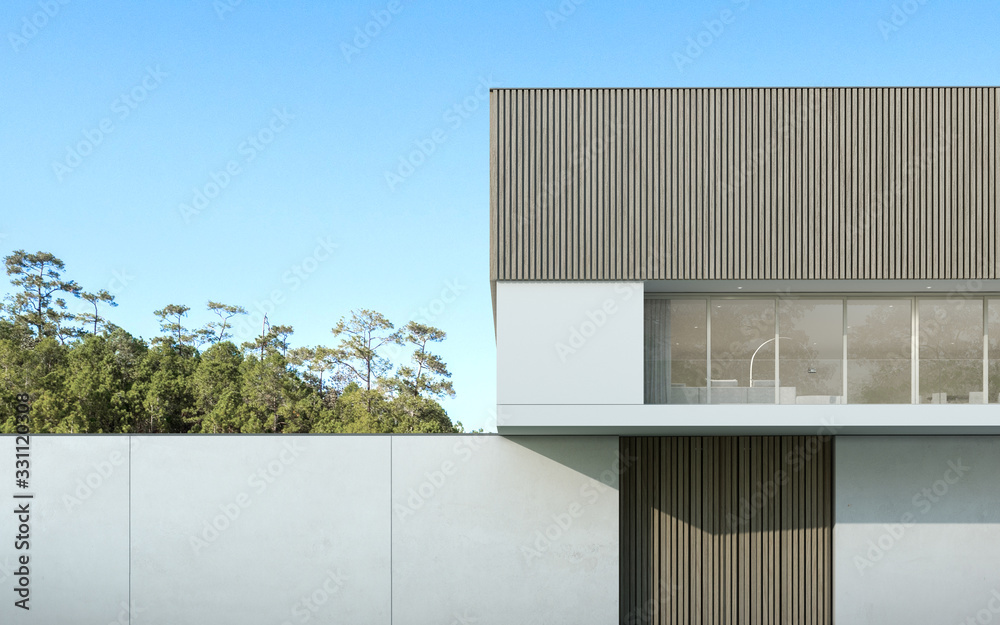 Poster Perspective of luxury modern house with swimming pool in day time on nature background, Idea of minimal architecture design. 3D rendering.