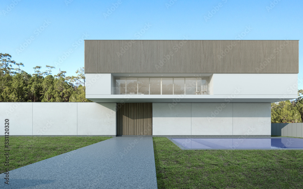 Poster Perspective of luxury modern house with swimming pool in day time on nature background, Idea of minimal architecture design. 3D rendering.