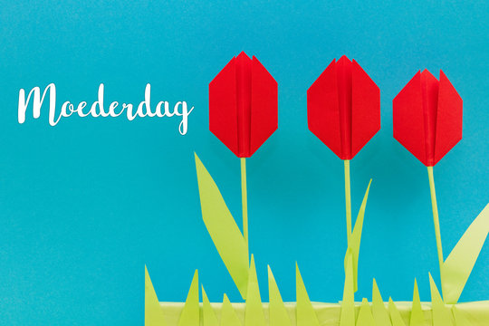 Mother's day with the Dutch word Moederdag (Mother's day) and red paper tulips
