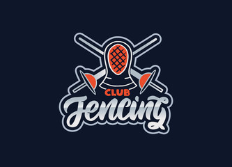 Fototapeta premium Fencing emblem. Sport badge, sticker on blue background isolated.