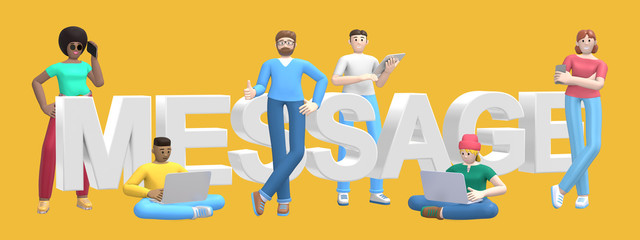 Word message on yellow background. Group of young multicultural successful people with laptop, tablet, phone. Horizontal banner cartoon character and website slogan. 3D rendering.