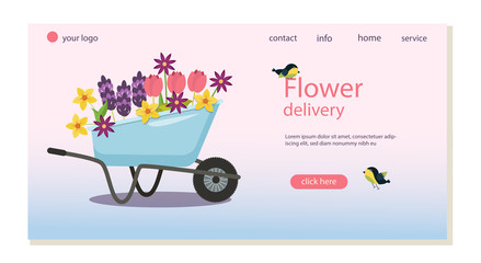Web page template flower delivery, landing page. Garden wheelbarrow with spring flowers, birds. Vector graphics.