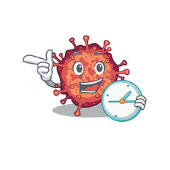 Cheerful contagious corona virus cartoon character style with clock
