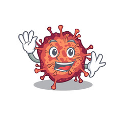 Smiley contagious corona virus cartoon mascot design with waving hand