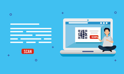 scan code qr in laptop with man and icons vector illustration design
