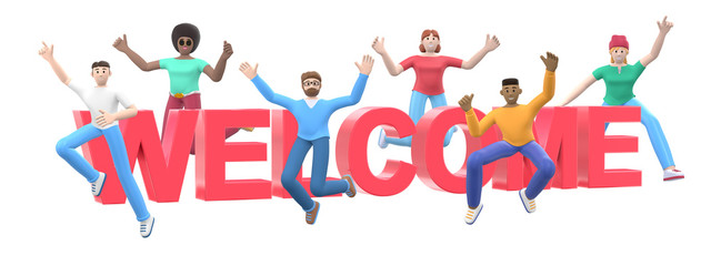 The word welcome on a white background. Group of young multicultural happy people jump and dance together. Horizontal banner cartoon character and website slogan. 3D rendering. © photolas