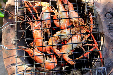 Grilled River Prawn on the toaster,Grilled River Prawn seafood Thailand.