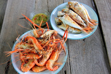 Grilled River Prawn seafood Thailand on the white disc ,fresh for food.