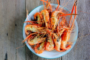 Grilled River Prawn seafood Thailand on the white disc ,fresh for food.