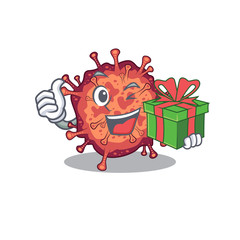 Smiley contagious corona virus cartoon character having a gift box