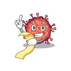 cartoon character of contagious corona virus holding menu ready to serve