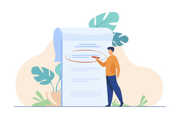 Manager prioritizing tasks in to do list. Man taking notes, planning his work, underlining important points. Vector illustration for agenda, checklist, management, efficiency concept - obrazy, fototapety, plakaty