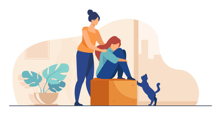 Woman giving comfort and support to friend, keeping palms on her shoulder. Girl feeling stress, loneliness, anxiety. Vector illustration for counseling, empathy, psychotherapy, friendship concept - obrazy, fototapety, plakaty