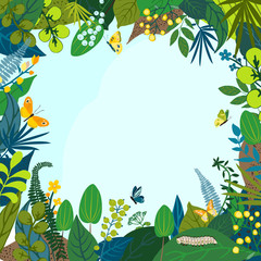 Beautiful floral background, frame. Green leaves, colorful flowers, caterpillar and butterflies. Spring and summer card for social network backdrop, invitation, wedding, birthday. Vector illustration.
