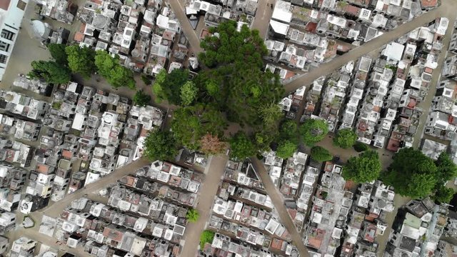 Aerial top down view of Recoleta Cemetery in Buenos Aires, Argentina. Drone slowly rotating while acending