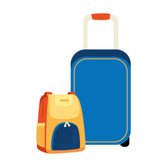 wheeled suitcase with backpack isolated icon vector illustration design