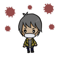 Masked cartoon man prevent germs with symbol of virus corona. Covid 19 protection concept.