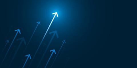 Up light arrow on dark blue background with copy space, business growth concept.
