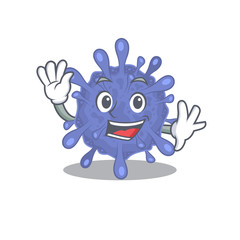 Smiley biohazard viruscorona cartoon mascot design with waving hand